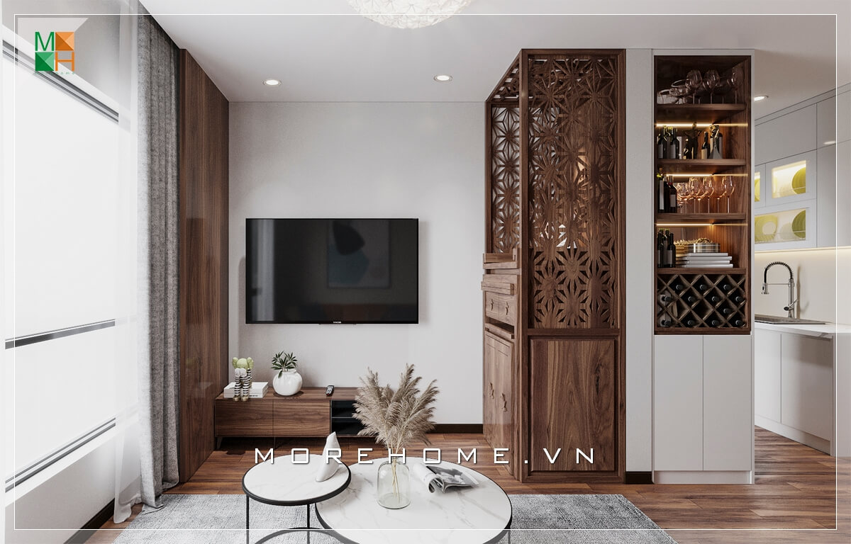 Mẫu tủ kệ gỗ trang trí với chạm khắc họa tiết đẹp mắt và độc đáo. Thiết kế nội thất phòng khách chung cư