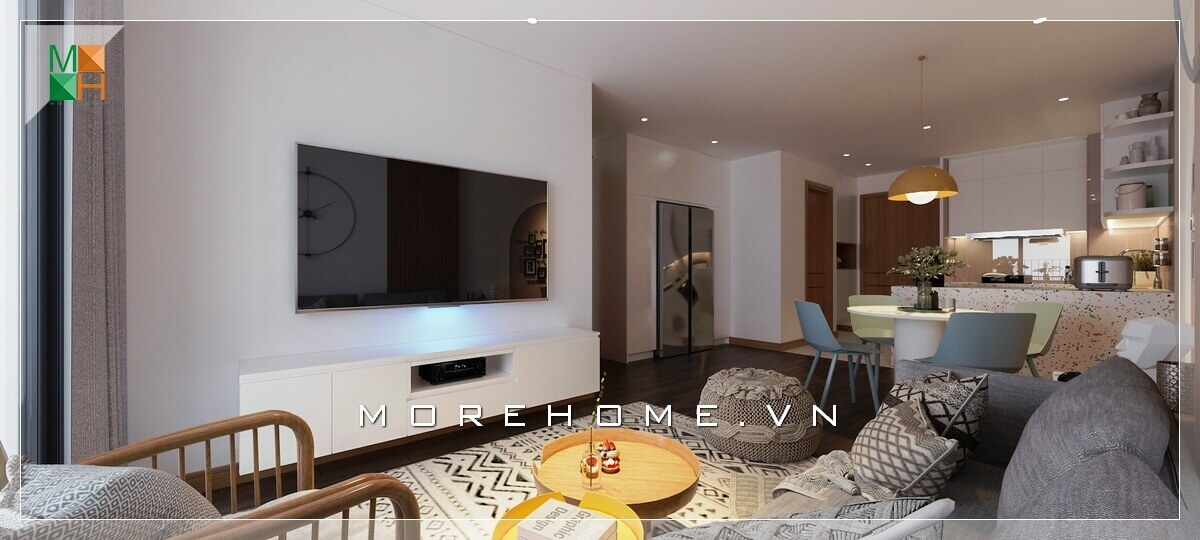 Sử dụng kệ ti vi cao cấp hiện đại màu trắng trang nhã tô thêm nét nổi bật của ngôi nhà  Thiết kế nội thất phòng khách chung cư