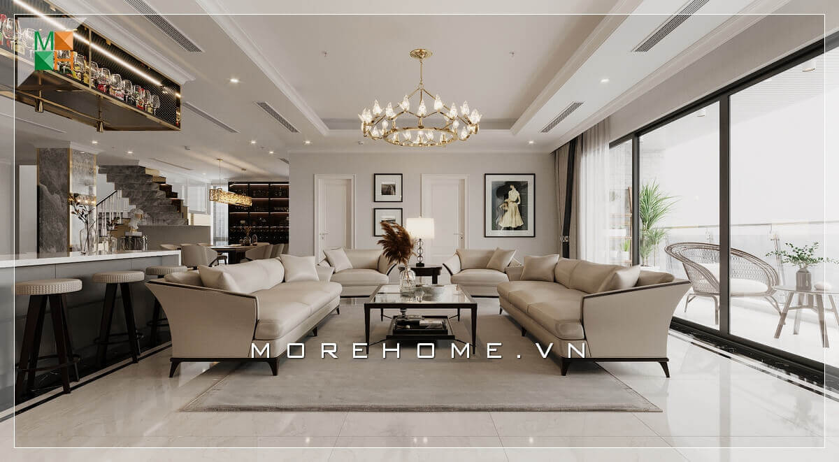 Ấn tượng mẫu đèn chùm đẹp tăng vẻ sang trọng cho không gian phòng khách. Thiết kế nội thất phòng khách chung cư