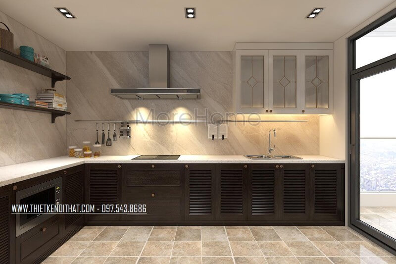 Phòng bếp đa năng với hệ tủ gỗ tự nhiên màu nâu đậm và tủ gỗ công nghiệp màu trắng thiết kế hiện đại, phù hợp không gian Thiết kế tủ bếp chung cư