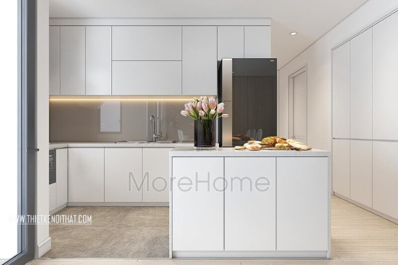 Thiết kế nội thất bếp chung cư, căn hộ hiện đại được quây gọn gàng thành một khu riêng biệt vẫn đảm bảo tính đồng nhất cho cả không gian  Thiết kế nội thất phòng bếp