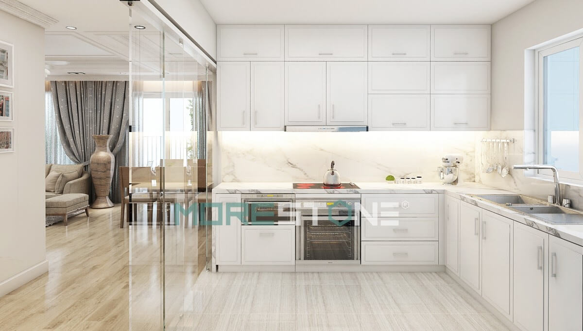 Đá trắng vân mây tạo cho căn bếp không gian sạch sẽ, hài hòa với thiết kế của tủ bếp Thiết kế nội thất phòng bếp