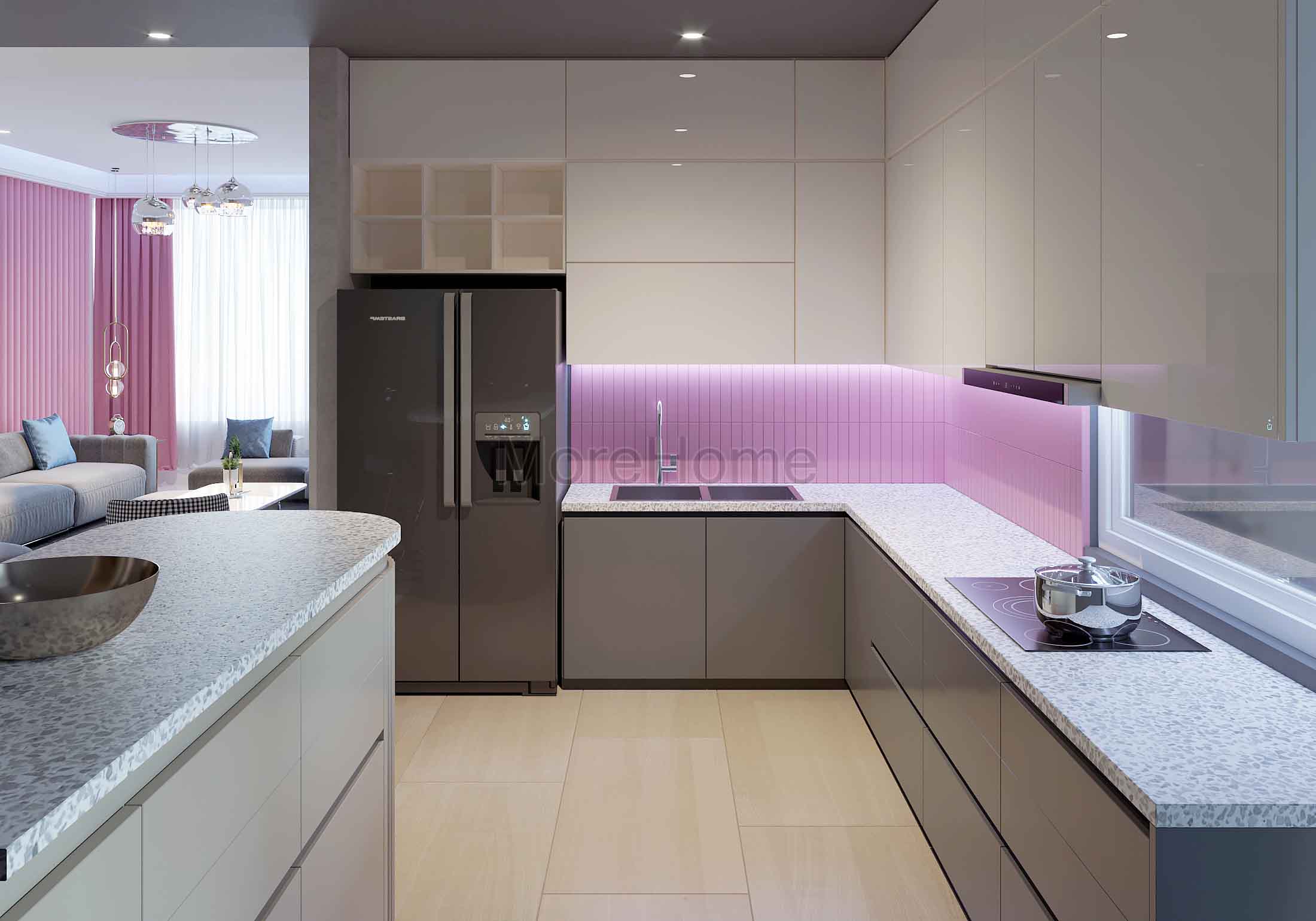 Mẫu tủ bếp gỗ màu ghi xám, mặt bếp ốp đá cao cấp tạo nên không gian bếp sạch sẽ và thoáng rộng Thiết kế nội thất phòng bếp