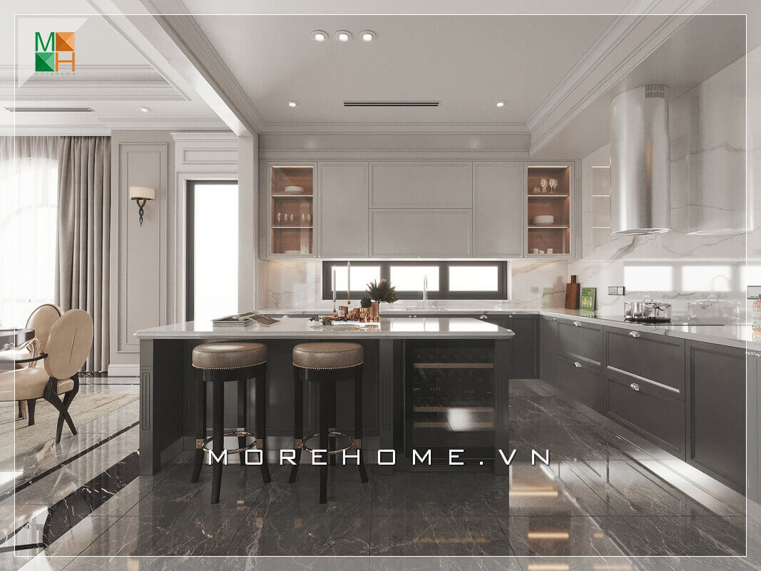 Mẫu tủ bếp hiện đại từ tủ bếp treo tường đến đảo tủ hai ghế tròn bọc da không tựa, tất cả đều thiết kế hoàn hảo biến căn phòng bếp biệt thự trở nên sống động và tiện nghi. Thiết kế nội thất phòng bếp