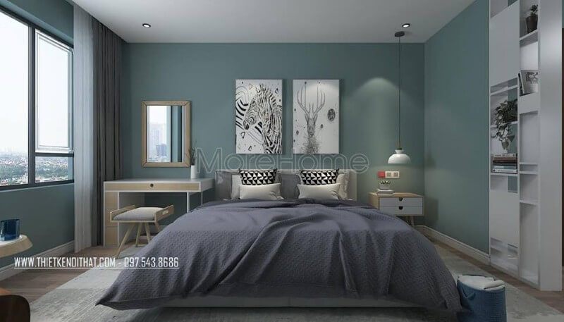 Thiết kế nội thất phòng ngủ chung cư gam màu xanh nhẹ nhàng, nội thất thiết kế hiện đại đơn giản nhưng tiện nghi Mẫu nội thất chung cư đẹp