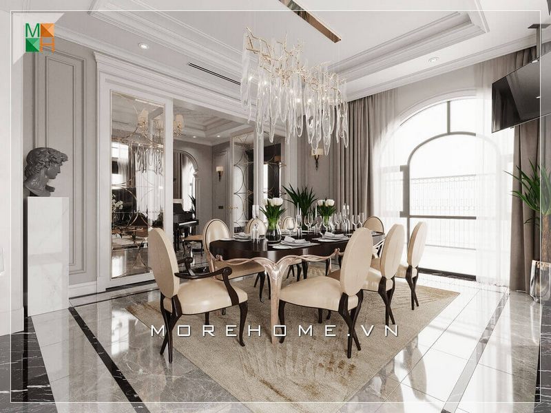 Mẫu thiết kế phòng ăn chung cư, biệt thự mang phong cách tân cổ điển cao cấp.