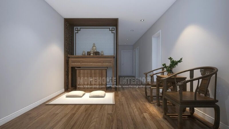 Bố trí phòng thờ đẹp với vách cnc khắc gỗ đẹp, sang trọng.
