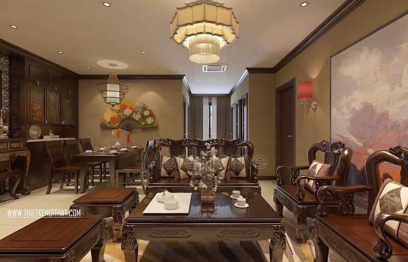Phòng khách chung cư 3 phòng ngủ của khách hàng được thiết kế vô cùng mãn nhãn với đồ nội thất gỗ phong cách tân cổ truyền thống