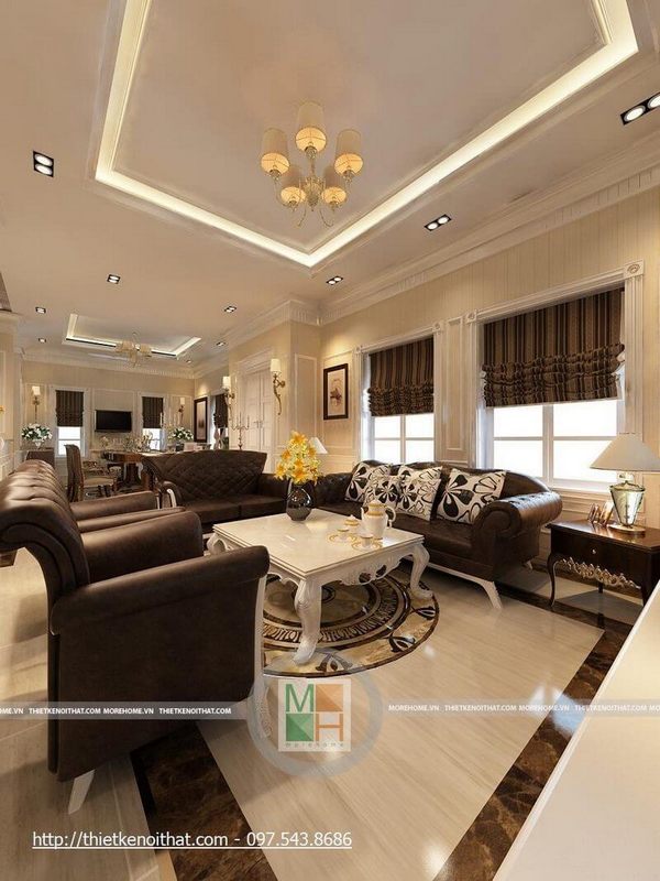 Mẫu sofa tân cổ điển bọc da màu nâu trầm tạo điểm nhấn cho thiết kế phòng khách sang trọng