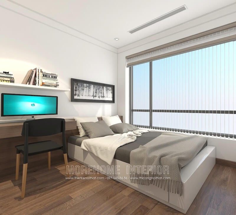 Mẫu giường ngủ gỗ công nghiệp ấn tượng với tone màu trắng chủ đạo, kết hợp với nội thất mang đến một không gian sáng sủa và trẻ trung hơn