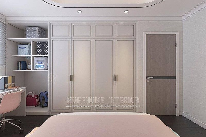 Mẫu tủ quần áo gỗ đẹp với kích thước lớn, thiết kế kịch trần, cùng tông màu trắng sang chảnh phù hợp với chung cư, biệt thự diện tích lớn.