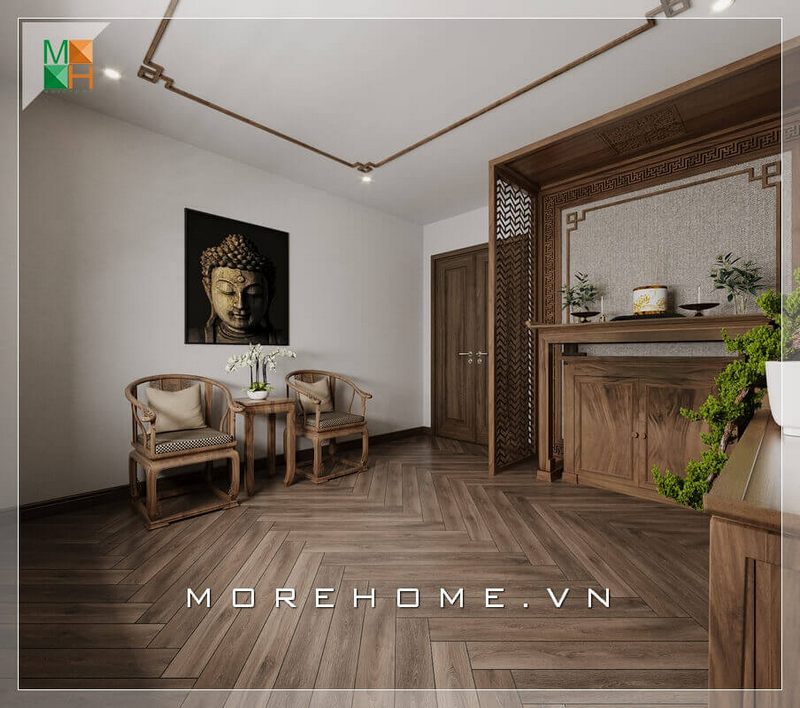 Không gian thờ cúng được tôn nghiêm hơn bởi sự tạo hình của nội thất gỗ óc chó cao cấp với màu trầm ấm.