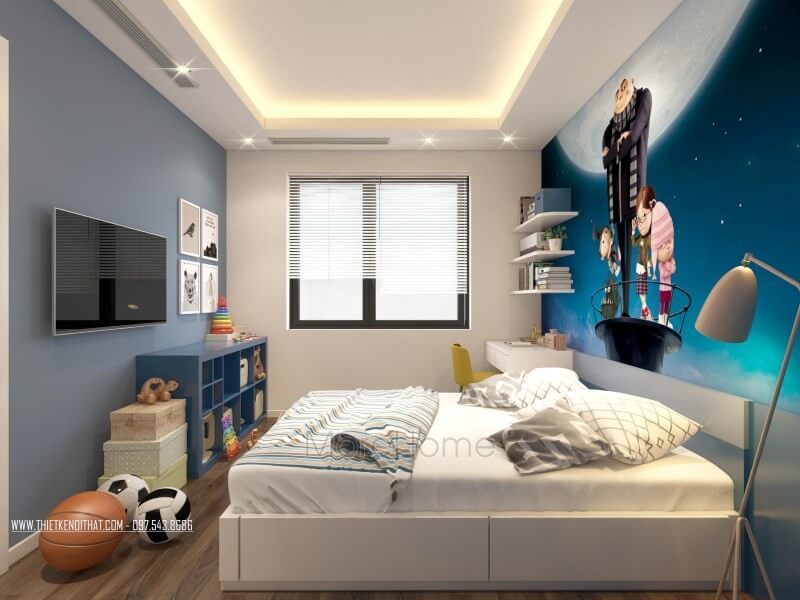 Mẫu giường ngủ gỗ bệt sơn trắng mang lại vẻ đẹp hiện đại cho phòng ngủ của bé với ngăn kéo đi kèm.