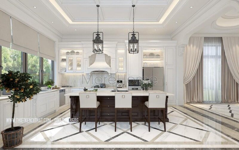 Tủ bếp biệt thự cao cấp được lựa chọn với chất liệu gỗ tự nhiên nhập khẩu phun sơn trắng tạo nên vẻ đẹp hoàng gia cho căn phòng