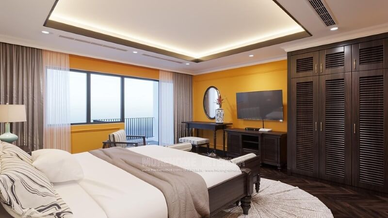 Bàn làm việc và bàn trang điểm được làm bằng gỗ tự nhiên để trang trí phòng ngủ biệt thự Gamuda.