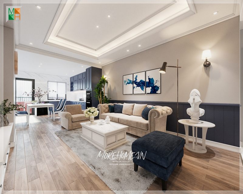 Thiết kế nội thất phòng khách liền bếp cho chung cư với điểm nhấn là bộ sofa tân cổ điển cho không gian thêm phần ấn tượng