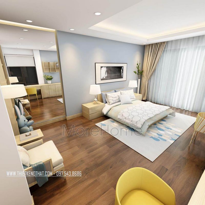 Thiết kế nội thất phòng ngủ cho bé với tông màu xanh sáng nhẹ nhàng góp phần khơi dậy sáng tạo của trẻ.